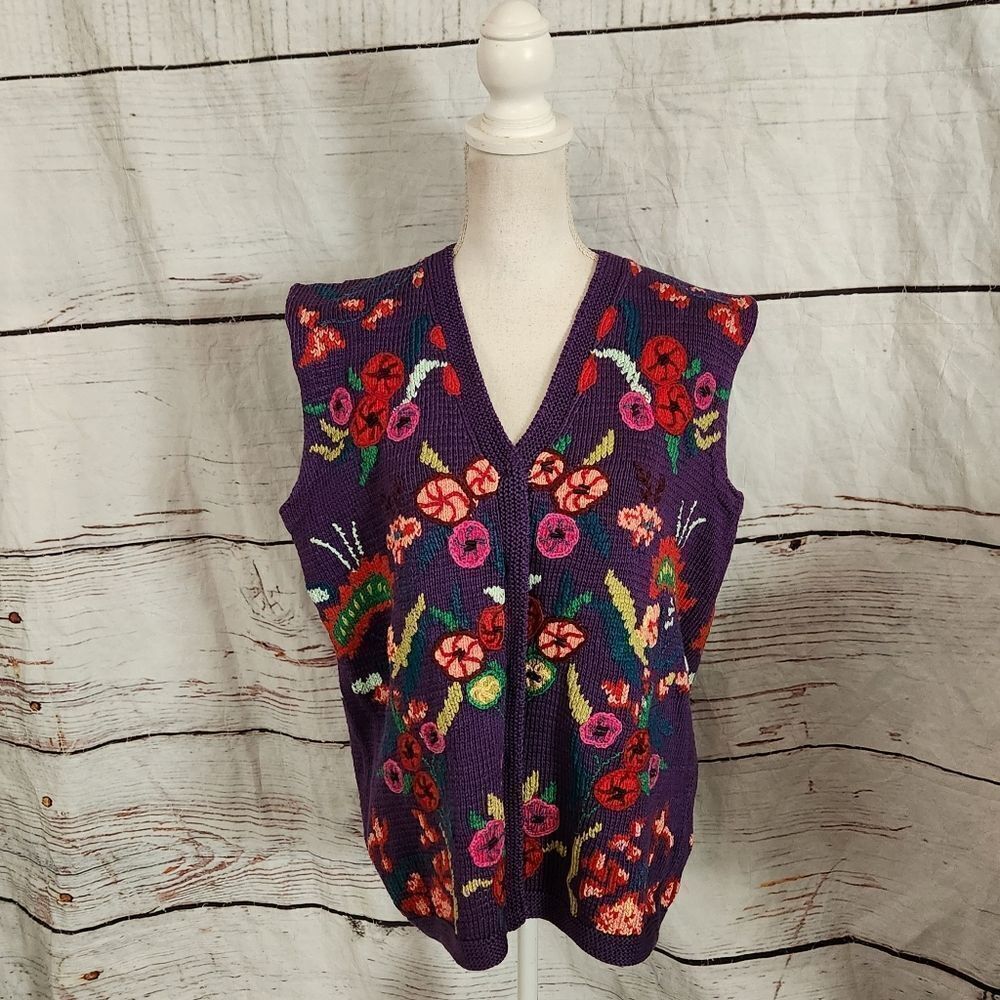 Vintage Berek Hand Knitted Floral Sweater Vest Size Medium